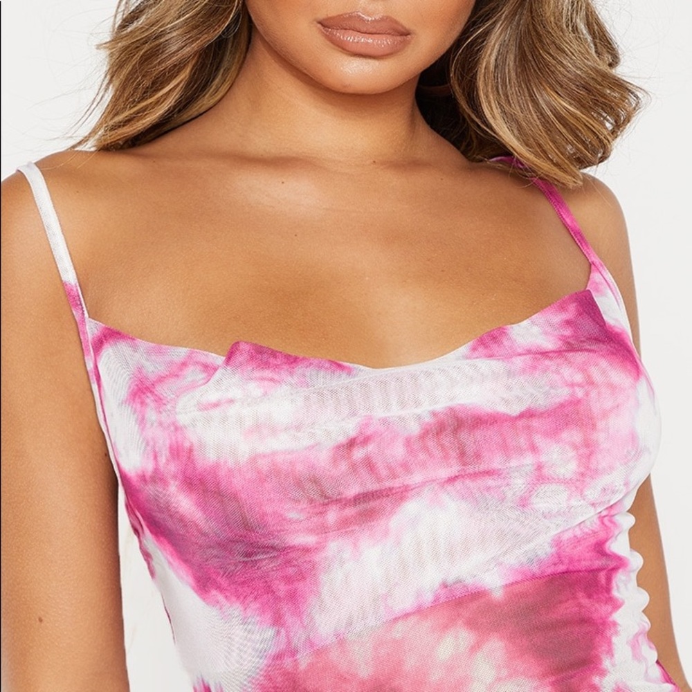 Pink tie dye mesh cowl neck midi dress